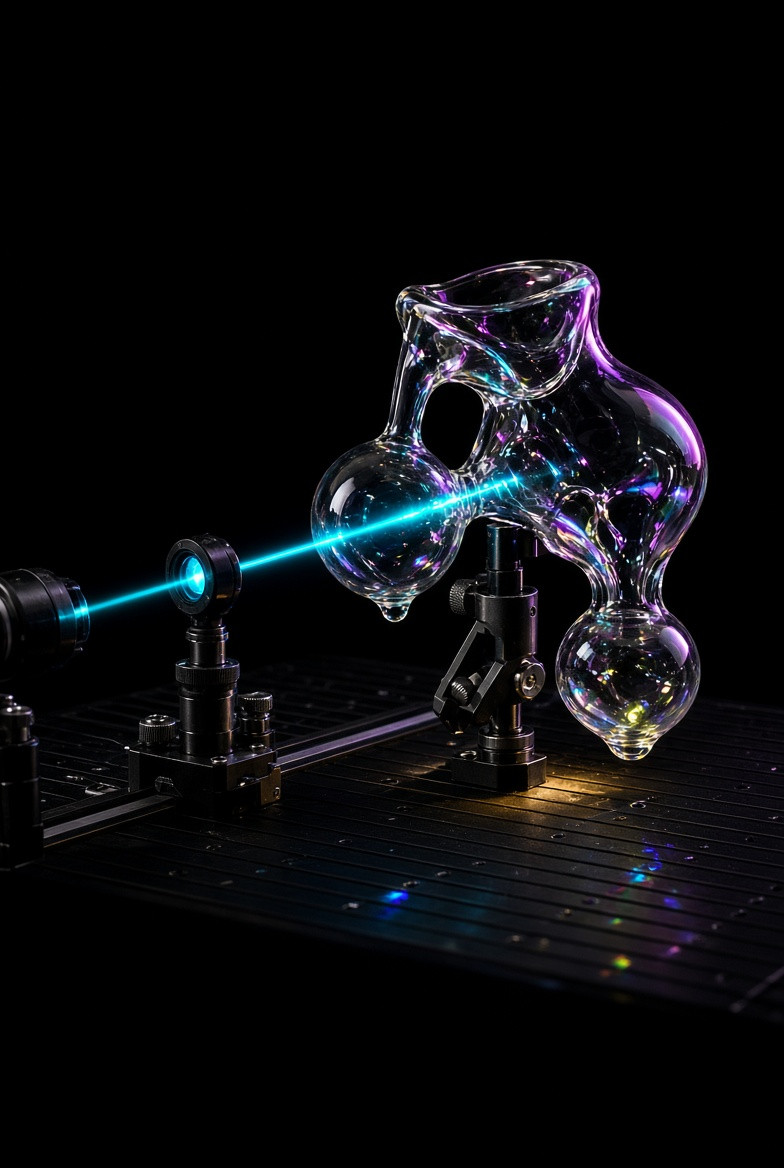 An unresolved glass experimental object on a black optical bench
