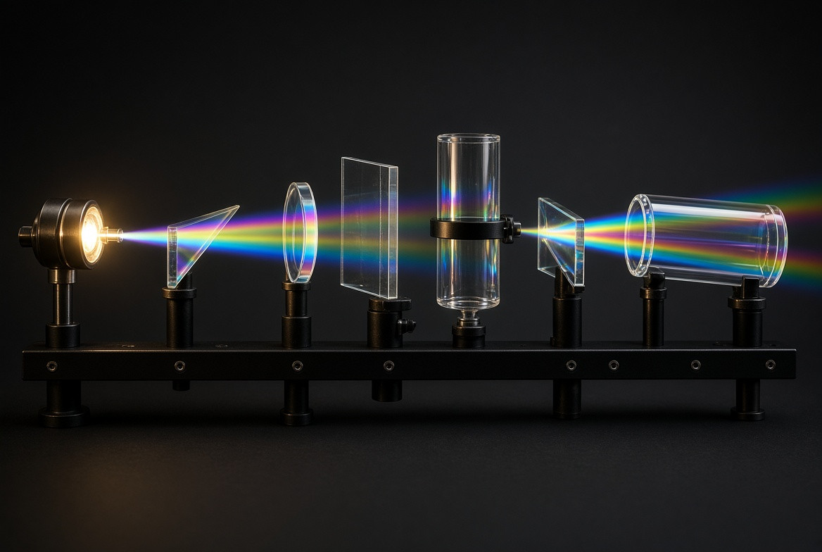 A spectral pattern repeating across several glass specimens