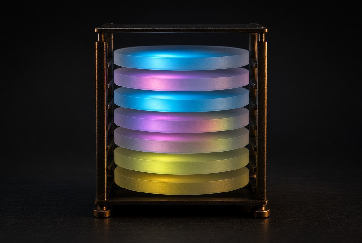 A bounded rack of translucent Test Plates